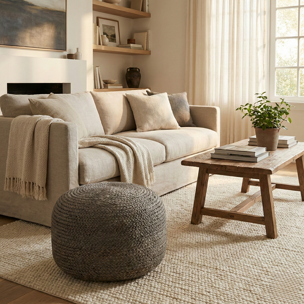 Pouf En Jute Rond Gris