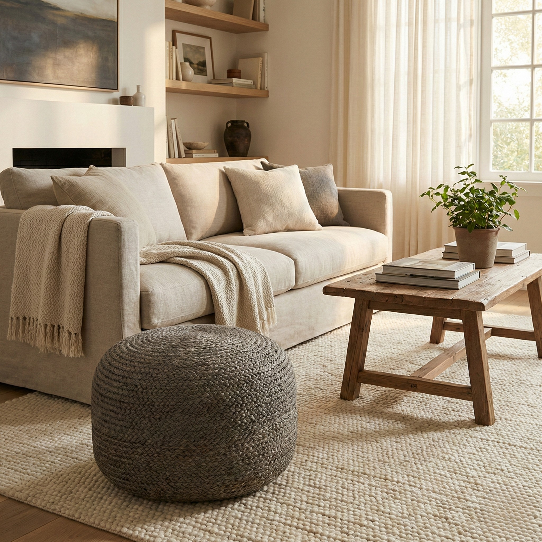 Pouf En Jute Rond Gris